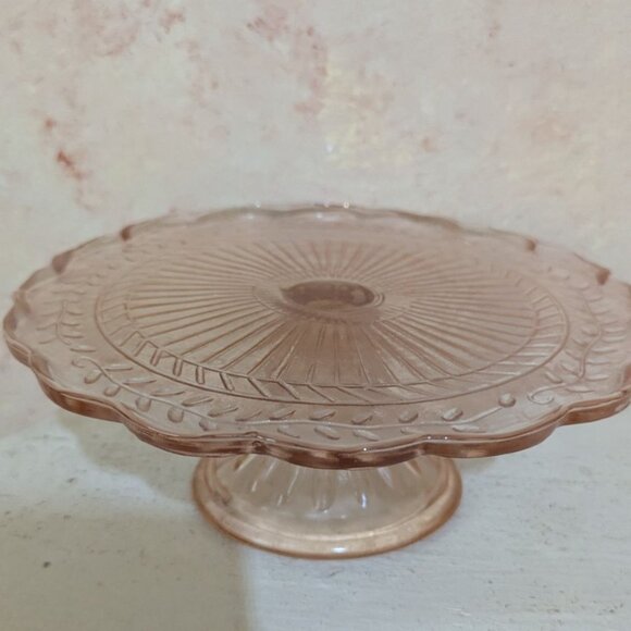 Vintage Pink Depression Glass Cake Stand With Scalloped Edges & Floral Design 9" - Picture 2 of 9